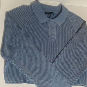 Kendall & Kylie Light Blue Ribbed, Cropped, Wide, Polo Sweater